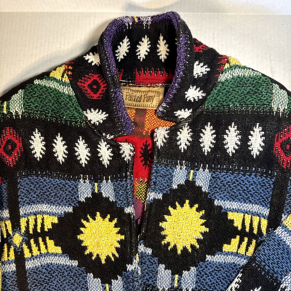 Vtg Painted Pony Tapestry Cotton Jacket Southwestern USA Decorative Buttons